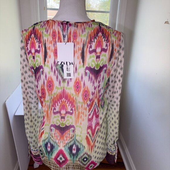 NWT NEW Zara Feather Trim Printed Blouse XS Boho Sheer Tassle Button Front - Picture 10 of 10